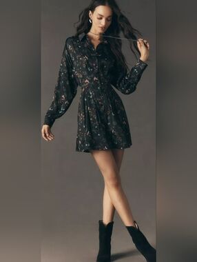 Anthropologie The Tobie Long-Sleeve Satin Mini Shirt Dress